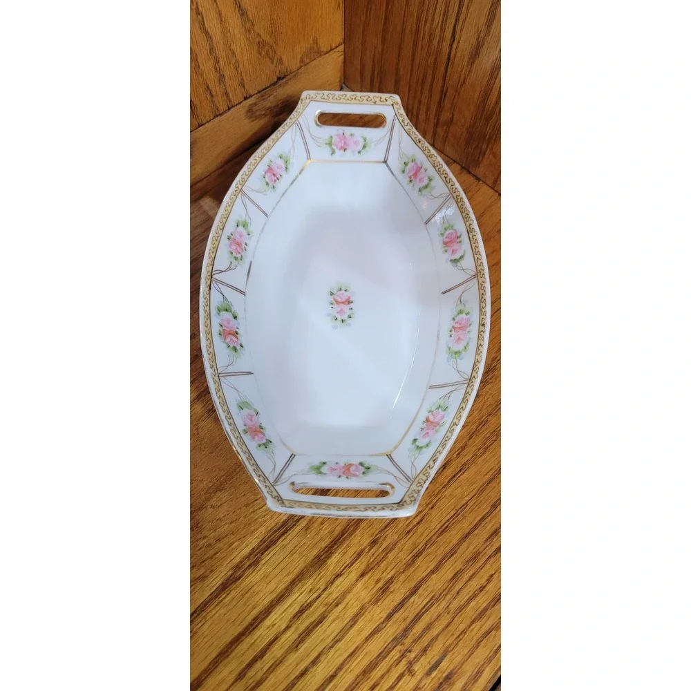 Nippon Hand Painted Art Porcelain Floral Gold Trim Oval Serving Bowl w/ Handles